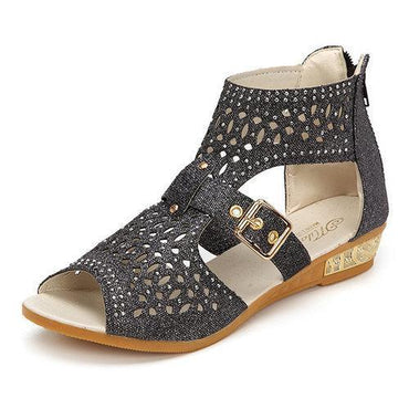 Peep Toe Rhinestone Hollow Out Wedges Zipper Roman Sandals