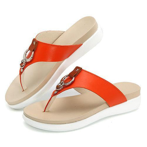 Big Size Metal Clip Toe Leather Flat Casual Beach Slippers