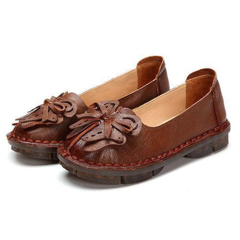 SOCOFY Bowknot Leather Soft Slip On Flat Vintage Loafers