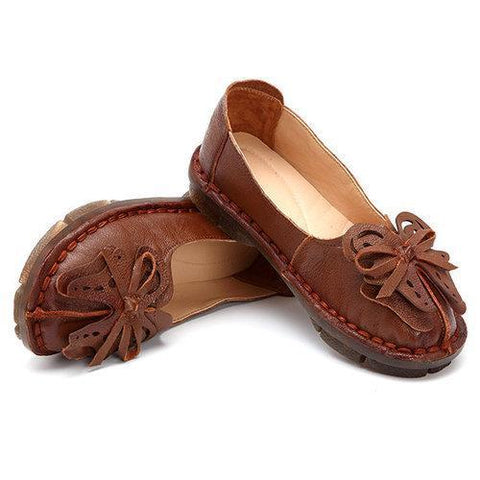 SOCOFY Bowknot Leather Soft Slip On Flat Vintage Loafers