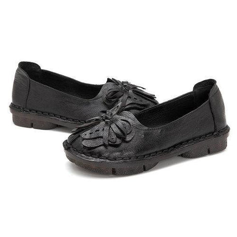 SOCOFY Bowknot Leather Soft Slip On Flat Vintage Loafers