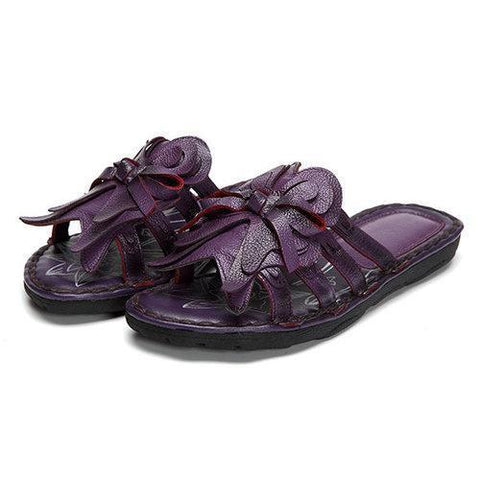 SOCOFY Flower Strappy Peep Toe Soft Leather Slippers