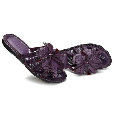 SOCOFY Flower Strappy Peep Toe Soft Leather Slippers