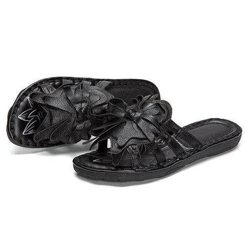 SOCOFY Flower Strappy Peep Toe Soft Leather Slippers