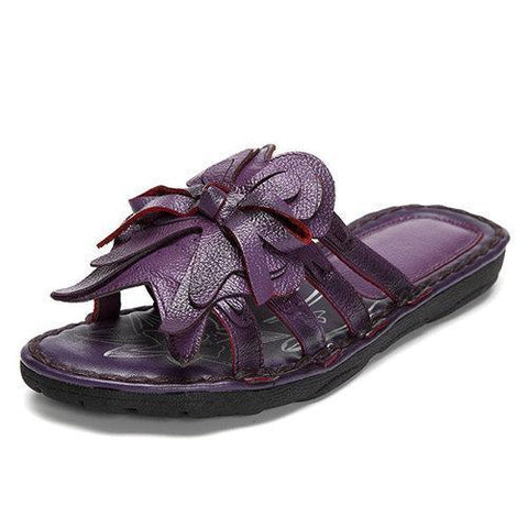 SOCOFY Flower Strappy Peep Toe Soft Leather Slippers