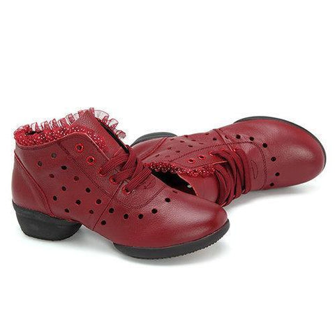 Leather Lace Breathable Hollow Out Soft Sole Casual Shoes