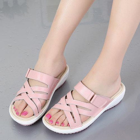 Women Candy Color Leather Cross Summer Flat Platform Sandals