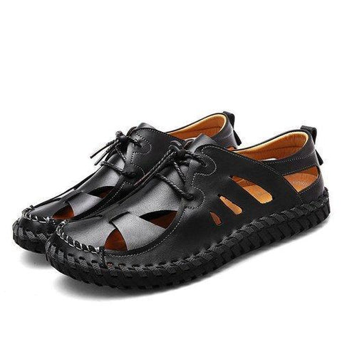 Men Hand Stitching Leather Sandals Soft Hole Breathable Casual Shoes