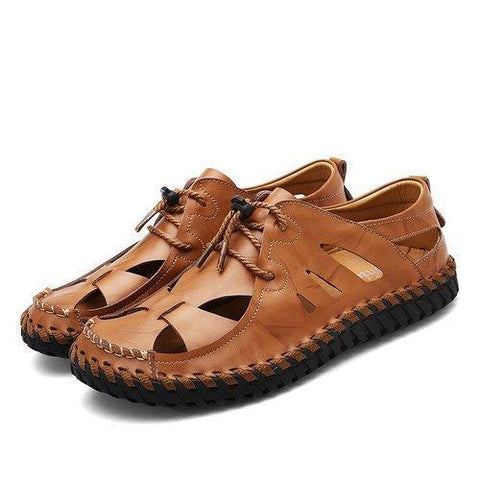 Men Hand Stitching Leather Sandals Soft Hole Breathable Casual Shoes