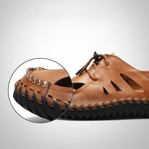 Men Hand Stitching Leather Sandals Soft Hole Breathable Casual Shoes