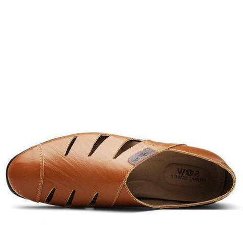 Men Hole Breathable Leather Sandals Cap-toes Slip On Casual Shoes