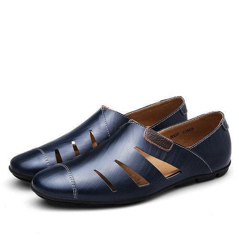 Men Hole Breathable Leather Sandals Cap-toes Slip On Casual Shoes