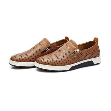 Men Side Zipper Hole Breathable Flat Slip On Casual Leather Shoes