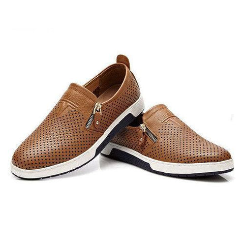 Men Side Zipper Hole Breathable Flat Slip On Casual Leather Shoes