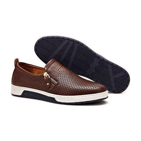 Men Side Zipper Hole Breathable Flat Slip On Casual Leather Shoes