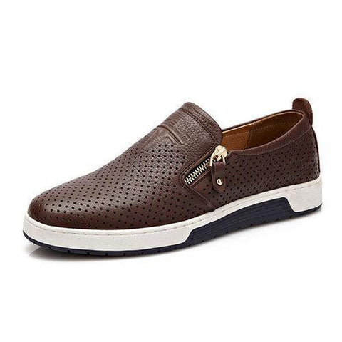 Men Side Zipper Hole Breathable Flat Slip On Casual Leather Shoes