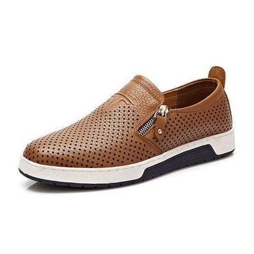 Men Side Zipper Hole Breathable Flat Slip On Casual Leather Shoes