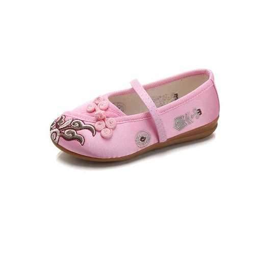 Chinoiserie Embroidered Shoes Small Buttons Casual Flats For Girls