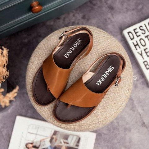 Genuine Leather Clip Toe Wedge Slingback Flat Sandals