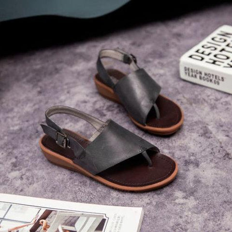 Genuine Leather Clip Toe Wedge Slingback Flat Sandals