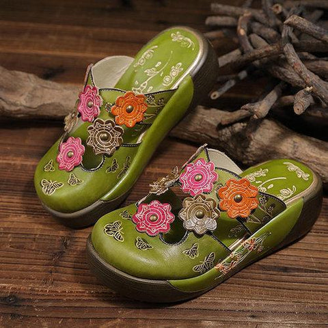 SOCOFY Colorful Flower Butterfly Leather Hollow Out Platform Shoes