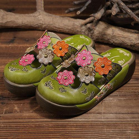 SOCOFY Colorful Flower Butterfly Leather Hollow Out Platform Shoes