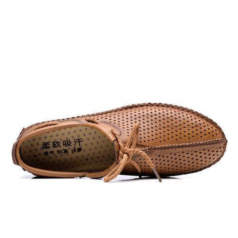 Men Hand Stitching Hole Breathable Soft Lace Up Outdoor Casual Leather Shoes