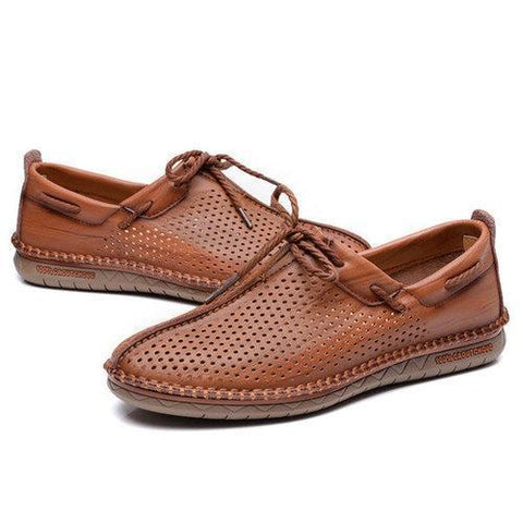 Men Hand Stitching Hole Breathable Soft Lace Up Outdoor Casual Leather Shoes