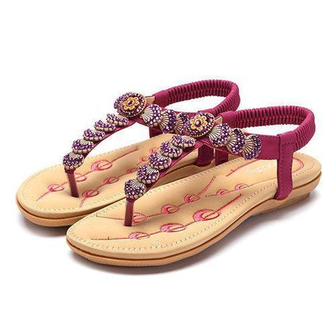 Socofy Flowers Decoration Elastic Bohemia Beaded Clip Toe Casual Beach Sandals