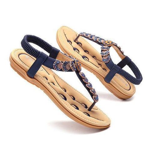 Socofy Flowers Decoration Elastic Bohemia Beaded Clip Toe Casual Beach Sandals