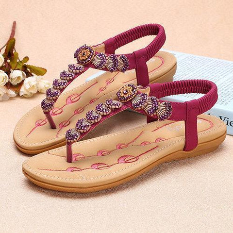 Socofy Flowers Decoration Elastic Bohemia Beaded Clip Toe Casual Beach Sandals