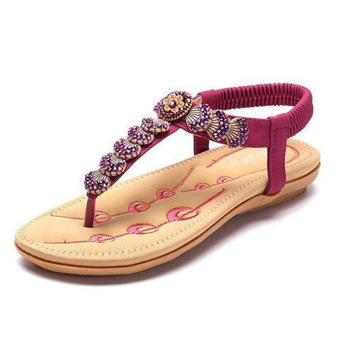 Socofy Flowers Decoration Elastic Bohemia Beaded Clip Toe Casual Beach Sandals