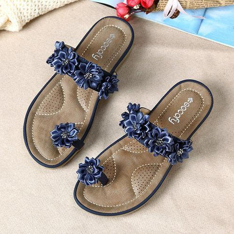 SOCOFY Floral Bohemia Clip Toe Flat Slippers For Women