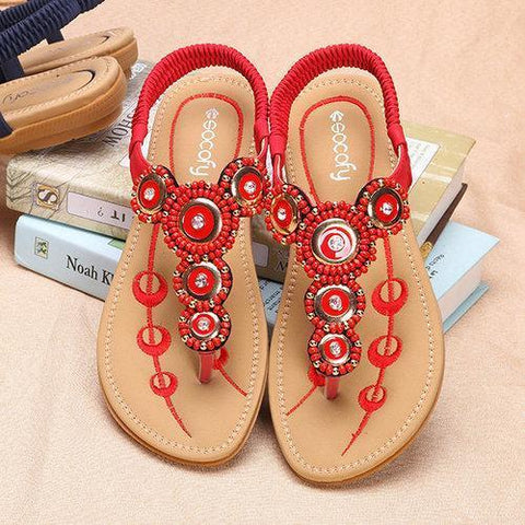 SOCOFY Rhinestone Clip Toe Bohemia Elastic Flat Sandals