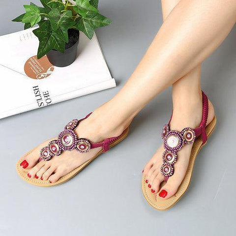 SOCOFY Rhinestone Clip Toe Bohemia Elastic Flat Sandals