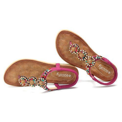 SOCOFY Bohemia Beaded Clip Toe Casual Flat Elastic Sandals