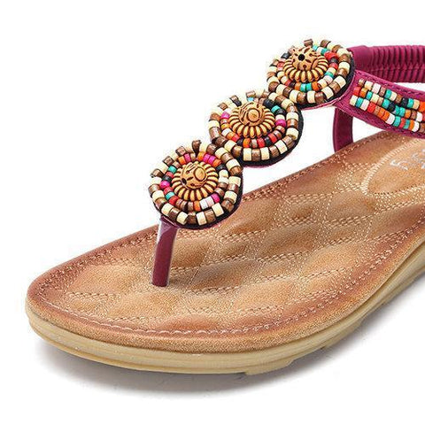 SOCOFY Bohemia Beaded Clip Toe Casual Flat Elastic Sandals