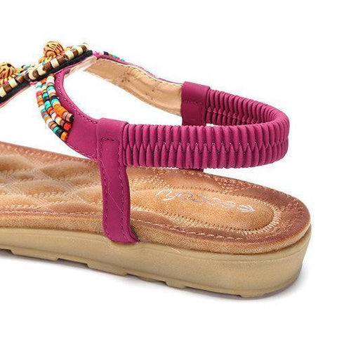 SOCOFY Bohemia Beaded Clip Toe Casual Flat Elastic Sandals