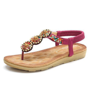 SOCOFY Bohemia Beaded Clip Toe Casual Flat Elastic Sandals