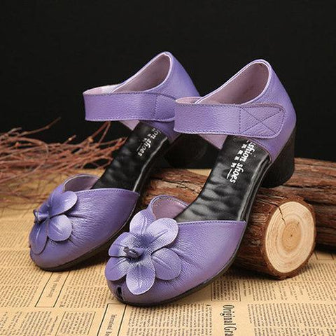 SOCOFY Flower Block Hoop Loop Soft Leather Sandals