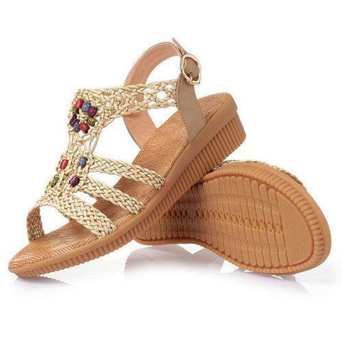 Large Size Bohemia Solid Buckle Strap Woven Peep Toe Soft Sandals