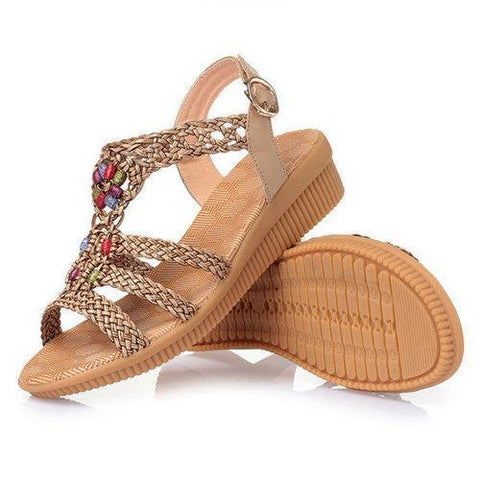 Large Size Bohemia Solid Buckle Strap Woven Peep Toe Soft Sandals