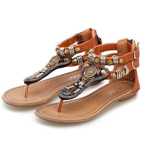 Bohemia Rhinestone Zipper Buckle Vintage Flat Sandals