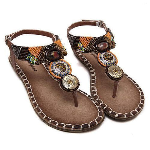 Bohemia Rhinestone Flower Clip Toe Solid Buckle Strap Flat Sandals