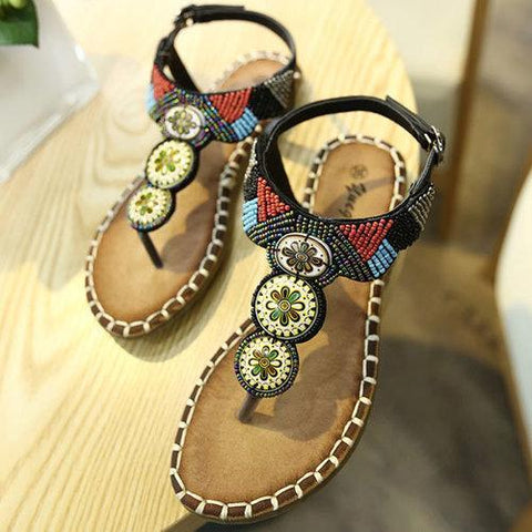 Bohemia Rhinestone Flower Clip Toe Solid Buckle Strap Flat Sandals