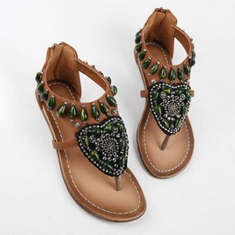 Green Rhinestone Bohemia Clip Toe Zipper Retro Sandals