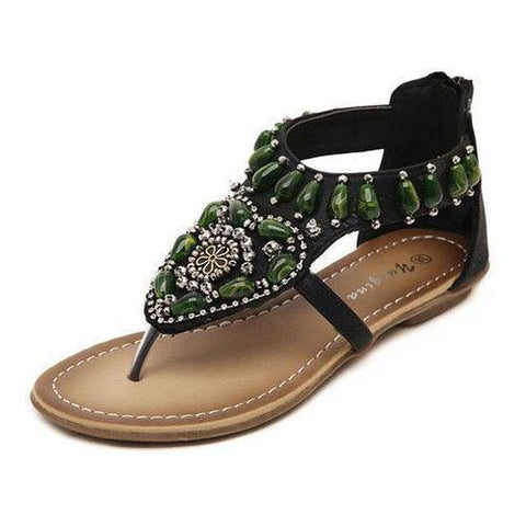 Green Rhinestone Bohemia Clip Toe Zipper Retro Sandals