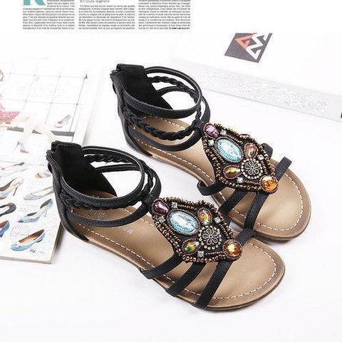 Rhinestone Woven Peep Toe Strappy Zipper Retro Sandals