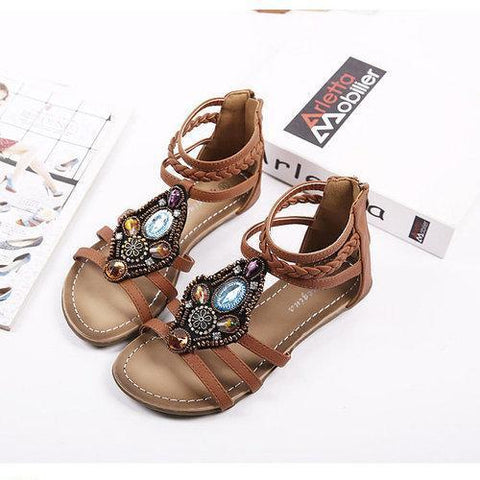 Rhinestone Woven Peep Toe Strappy Zipper Retro Sandals