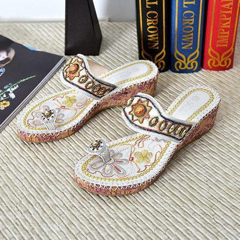 Sun Rhinestone Clip Toe Wedge Heel Flower Bohemia Sandals